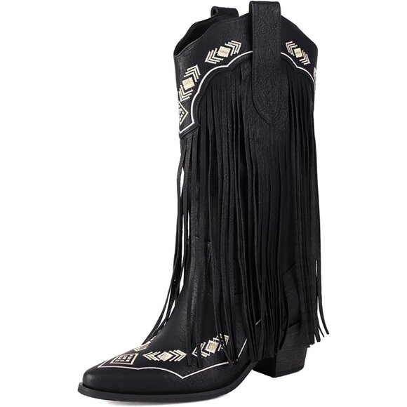 ⚡Women's Black Embroidered Fringe Pull On Mid Calf Block Heel Pointed Toe - Picture 1 of 6